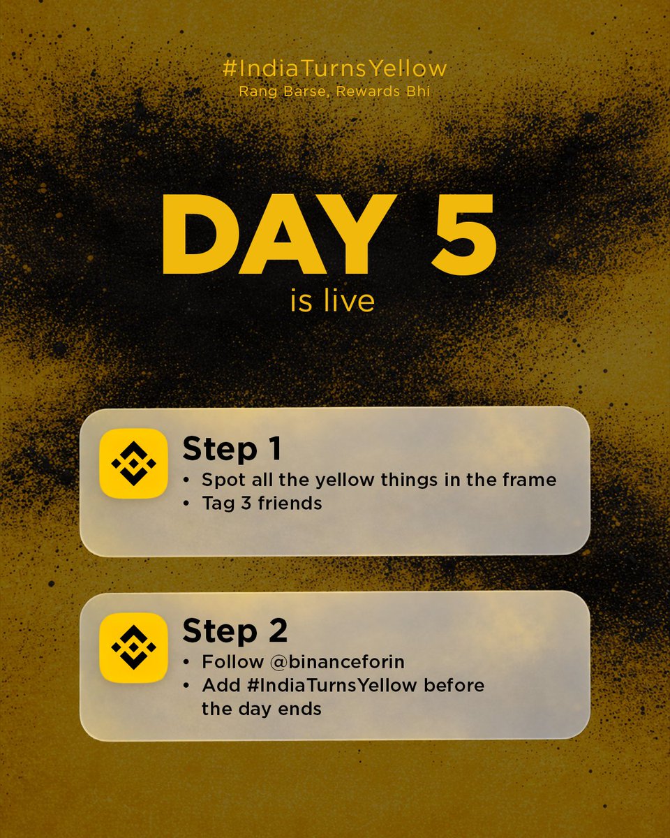 Continue your #IndiaTurnsYellow streak as day 5⃣ challenge is ON!

Spot the yellow coins hidden here: x.com/BinanceForIN/s…

- Comment the answer in the main post &amp; reshare 
- Add #IndiaTurnsYellow 
- Tag 3 friends 
- Make sure you and your friends follow @binanceforin on X and
