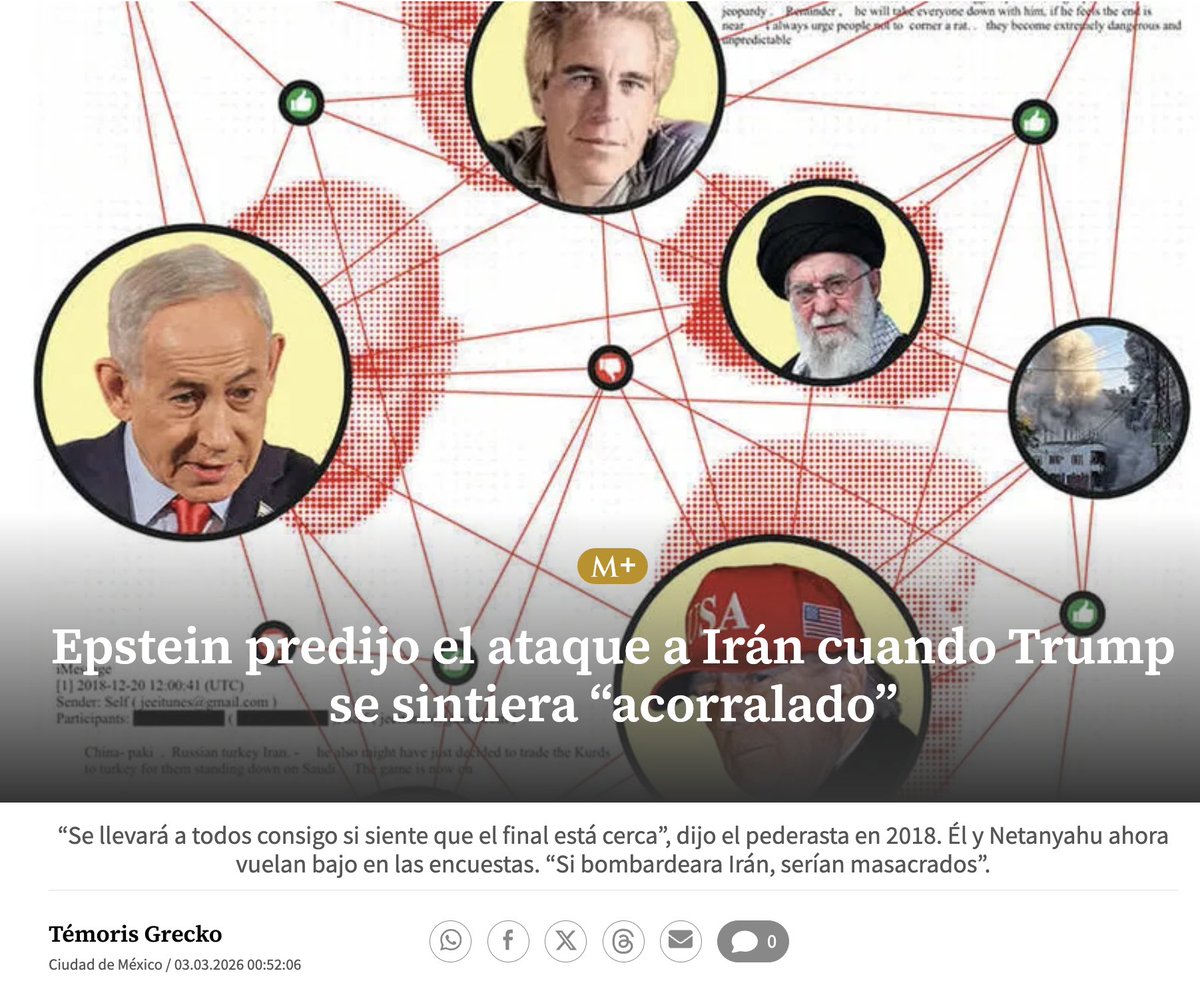 temoris's tweet photo. Conociendo a Donald Trump hasta en lo más íntimo y perverso, Jeffrey Epstein predijo en 2018 que podría bombardear Irán si se sintiera "acorralado como una rata... se llevará a todo el mundo con él si siente que el fin está cerca" le dijo al ideólogo trumpista Steven Bannon en una conversación revelada por el Departamento de Justicia de EEUU.

Hoy, no solo Trump se ve cada vez más acorralado por su desplome en popularidad, la perspectiva de perder el Congreso en las elecciones de noviembre y de ser destituido.

También Netanyahu va pésimo en las encuestas, enfrenta elecciones en octubre y tres juicios en marcha por corrupción que lo pueden llevar a la cárcel.

Lee mi reportaje para @Milenio : https://t.co/pA0U4vwGeg