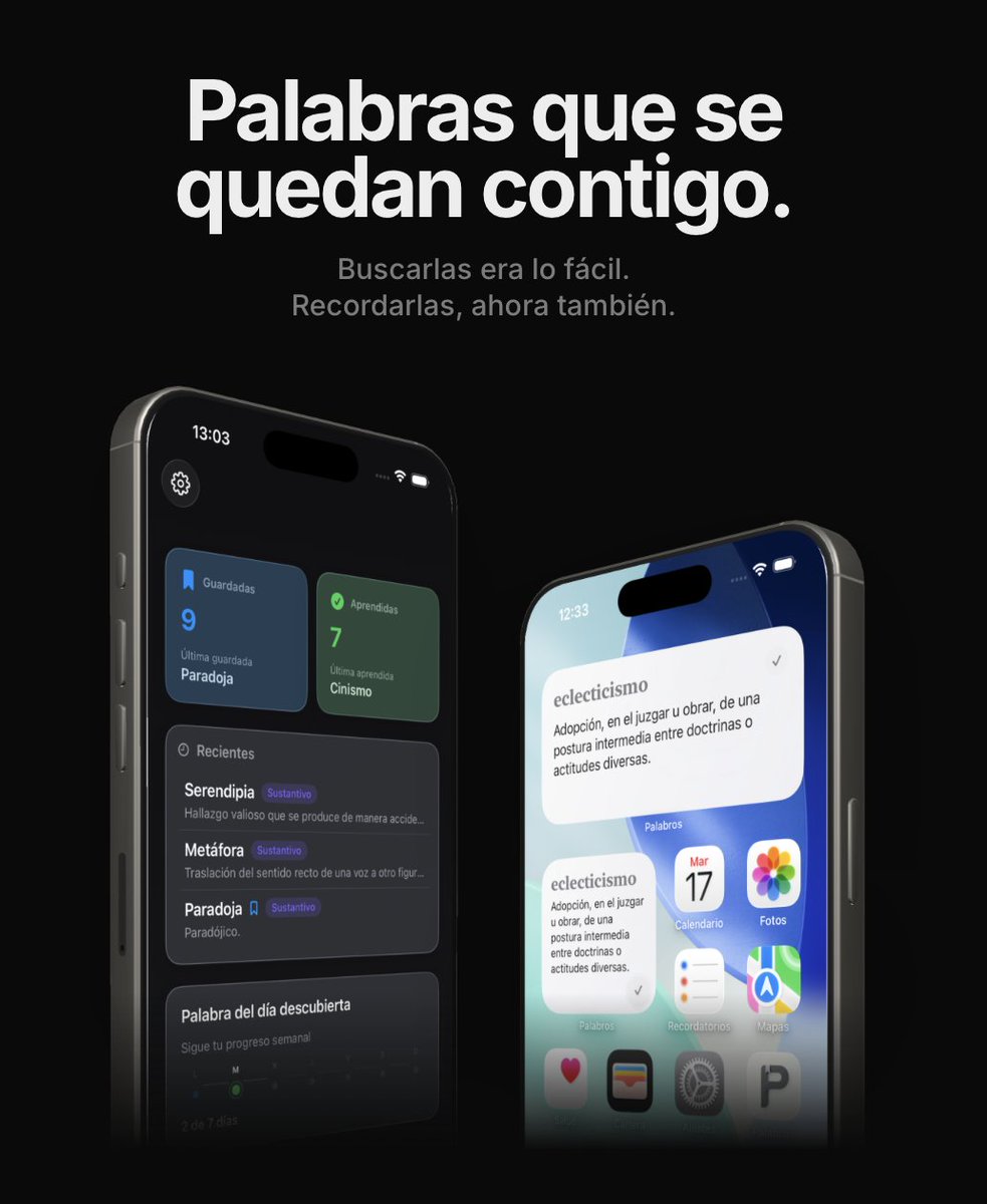 Tengo la memoria justa, y me pasa mucho que cuando busco la definición de una palabra que desconozco, a los meses la olvido. Quería una app de diccionario que fuera bonita, sencilla y que me permitiera ir repasando vía widgets. Y bueno, he hecho yo una :) 
apps.apple.com/es/app/palabro…