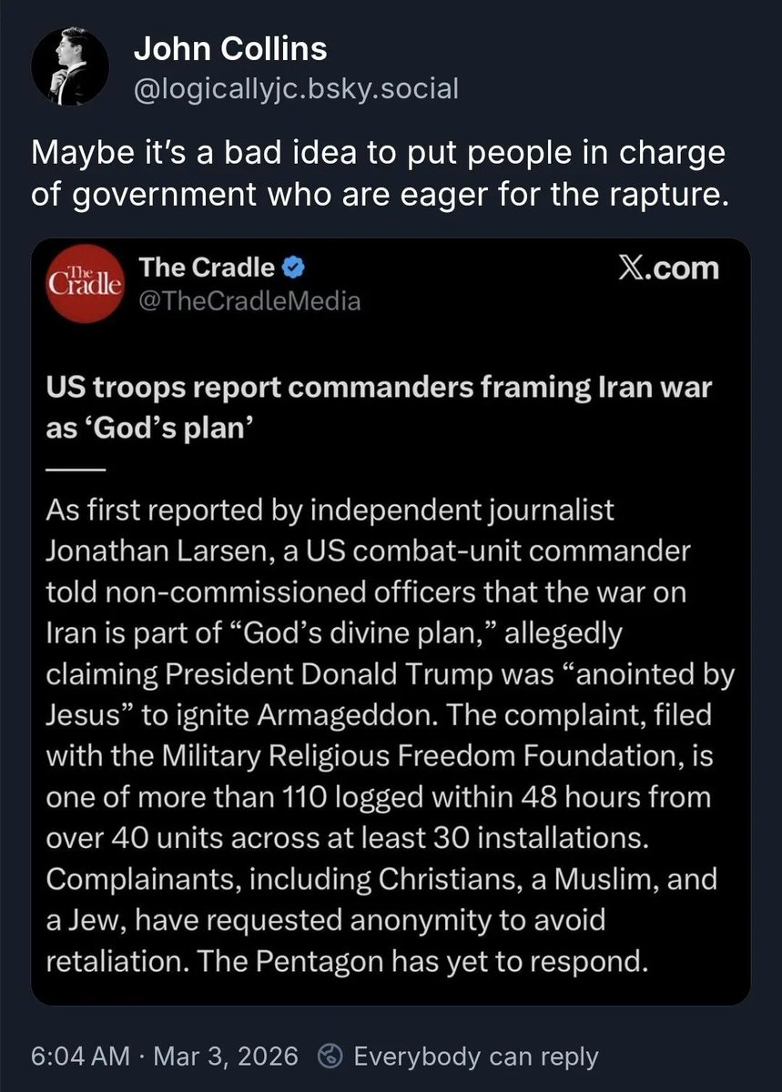 A U.S. combat-unit commander allegedly told noncommissioned officers that the war on Iran is part of “God’s divine plan,” claiming that Donald Trump was “anointed by Jesus” to ignite Armageddon.