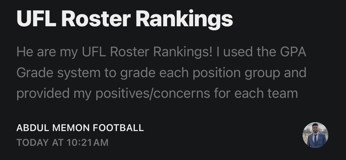 This is my official UFL Roster Rankings for the 2026 season!

In my Substack article, I grade each position group and provide my positives/concerns for each team

🔗: open.substack.com/pub/abdulmemon…