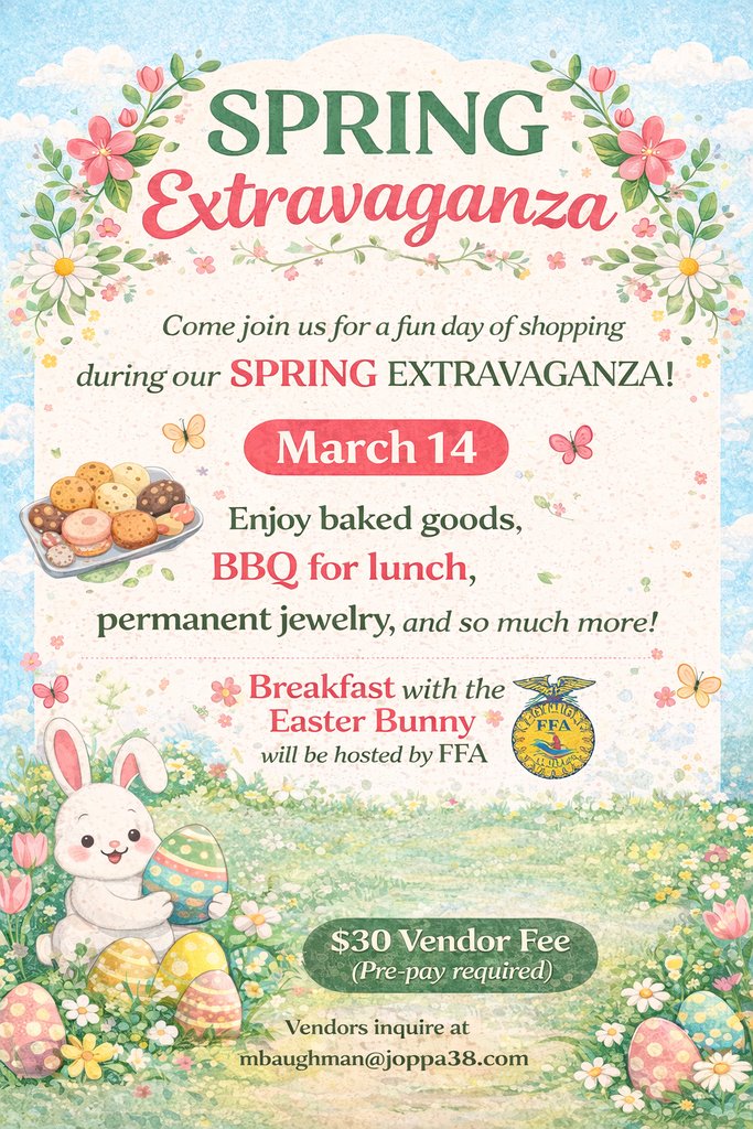 Join us for a fun-filled day of shopping, food, and family fun!

✨ Baked goods
🔥 BBQ for lunch
💎 Permanent jewelry
🛍️ Vendors and so much more!

🥞 Breakfast with the Easter Bunny will be hosted by FFA — don’t miss this special morning event!