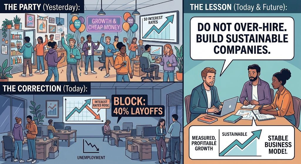 Block laid off 40% of the employees last week. That's not an AI story. 

There are people out there blaming AI for every layoff right now.

But what actually happened is simpler and older than any LLM.

There was a period money was nearly free. Interest rates were on the floor.
