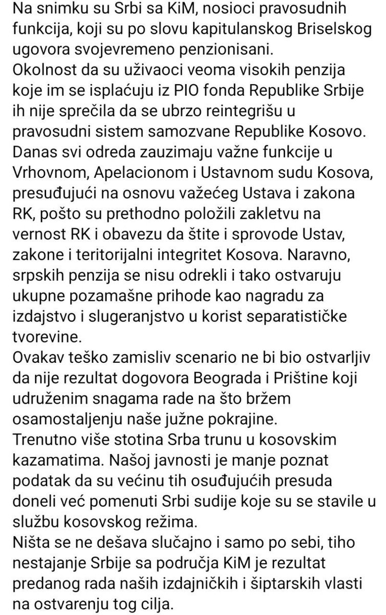 🚨Када су напустили лажне институције, лажне државе "Косово", Србија се обавезала да им плати пуну плату од 2000 евра, плус пензију, која је преко 180 000 динара. Тако да ова издајничка "елита" има више станова у Београду.
