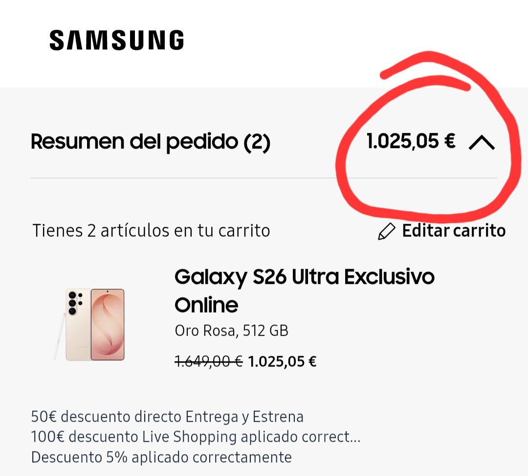 PH5fcb's tweet photo. Muy mala experiencia con Samsung. Ayer compré el Samsung Galaxy S26 Ultra y el código de descuento de 100€ no funcionaba. Hoy sí funciona y el precio es más de 140€ más barato (+50€ trade-in). Soporte dice “los descuentos cambian” Pedido hecho hace menos de 24h @SamsungEspana https://t.co/fLTR9WatNx