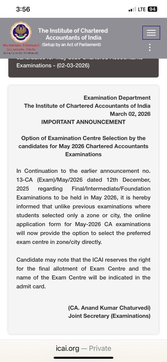 RajeshSharmaBJP's tweet photo. Beloved CA Students,
Now @theicai Students will get the option to select examination centre. Previously students use to select the Zone. https://t.co/EZ3vdzJ3zt