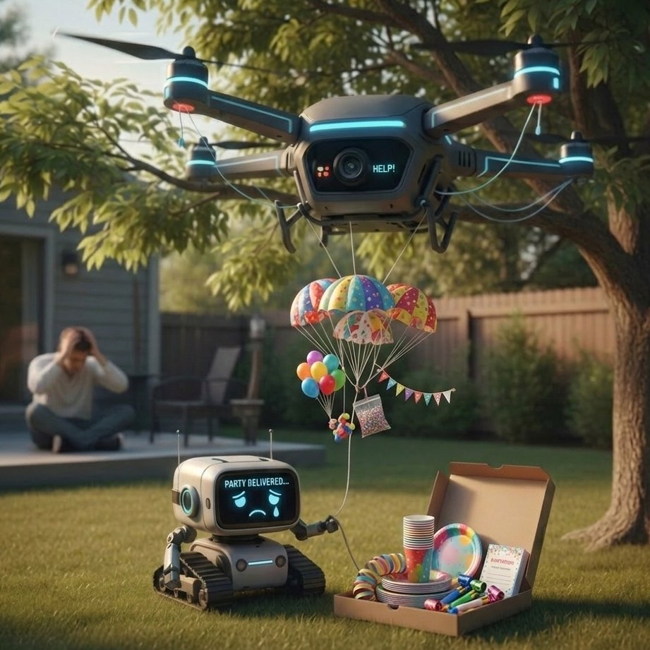 UAX1027022's tweet photo. My delivery drone got stuck in a tree, and now my robot is having an existential crisis over a cold pepperoni pizza. 🍕📉 The future is here, and it’s slightly inconvenient. #TechProblems #DroneFail #FutureIsNow #UAX https://t.co/abZOFdQVL6