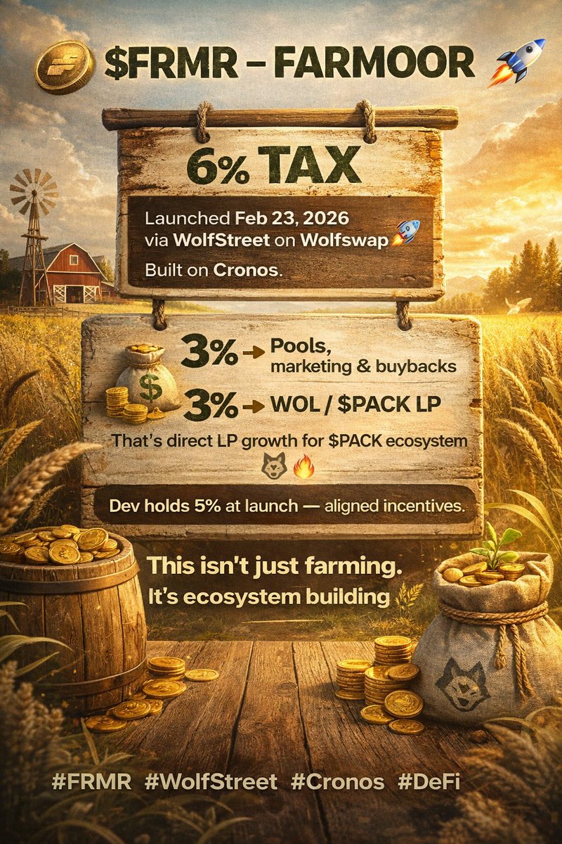 MrKhan10717's tweet photo. Buy $FRMR (@FRMR_Token) now via WolfStreet on @wolfswapdotapp built on Cronos Chain.

6% Tax on trades
• 3% → Pools, marketing &amp; buybacks
• 3% → WoL / $PACK LP

Dev holds 5% at launch - aligned incentives.
This isn’t just farming.
It’s ecosystem building
#FRMR #Cronos #DeFi https://t.co/9i7EcGVSMv