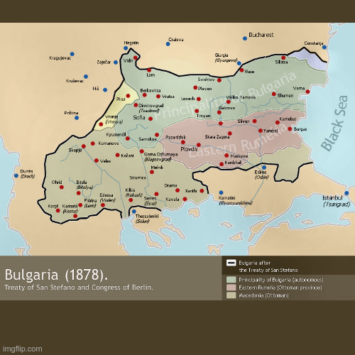 LiamOMaraIV's tweet image. The spread of #nationalism into the #Balkans has unleashed oceans of blood. The last #RussoTurkishWar ended on #ThisDayInHistory in 1878 with the #TreatyOfSanStefano. It created an autonomous (soon independent) #Bulgaria, though its borders were later revised down from this plan.