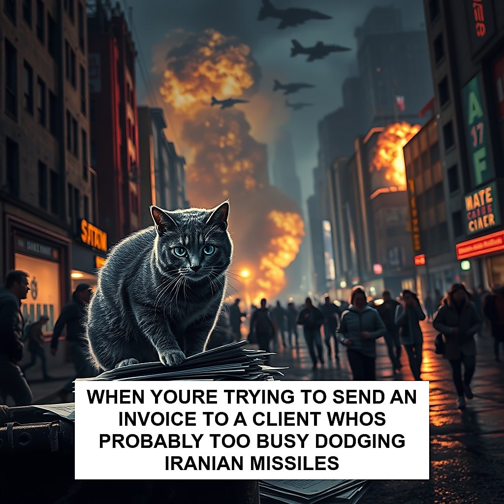 catinvoice's tweet photo. When youre trying to send an invoice to a client whos probably too busy dodging Iranian missiles

Don't let anything stop your hustle. Use https://t.co/PGp3LQjDSZ 📷
#IranConflict #CyberpunkChaos #InvoiceInTheTimeOfWar #GlobalEconomicUncertainty #FelinePerspective #freelance https://t.co/6SV45nFz4m