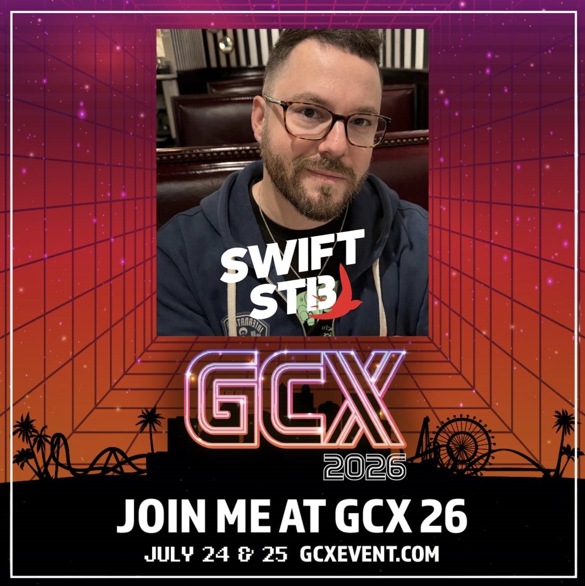 SwiftieSteve's tweet photo. Officially a GCX 2026 Creator! YAS! 

Who am I going to see there!?! (p.s. bring a fan this year ☀️🔥🥵) 

Buy a ticket: https://t.co/4LKqtkEayM

#GCX2026 #GamingDoesGood @GCXEvent https://t.co/IimcOHBiGL
