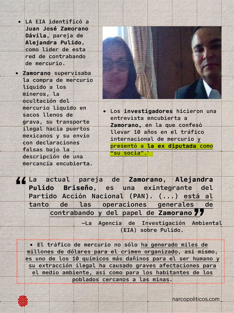 MiguelMezaC's tweet photo. 🚨Ayer incluimos a la panista Alejandra Pulido en el listado de @narcopoliticos_.

Pulido y su socio coordinaron una red de exportación ilegal de mercurio con el CJNG.

En el proceso, envenenaron La Sierra Gorda de Querétaro y ayudaron al Cártel a financiarse.

La @EIAEnvironment hizo una investigación muy chingona que pueden leer acá: https://t.co/4VANgfCrih

Entre otras cosas, los investigadores de EIA lograron obtener la confesión de ambos  traficantes de mercurio en una reunión por Zoom encubierta.