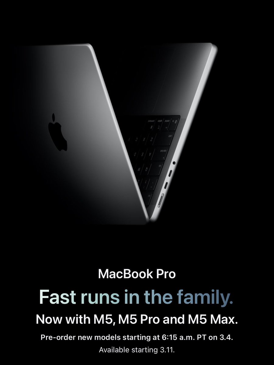 its_shevi's tweet photo. Apples also released new MacBooks.

MacBook Air M5 (13” &amp; 15”)

MacBook Pro M5 Pro and M5 Max (14” &amp; 16”)

At this point. I wouldn’t mind some new laptop design changes or something in the future. 

Maybe some touchscreen idk something new other than performance. https://t.co/52c686ryX8