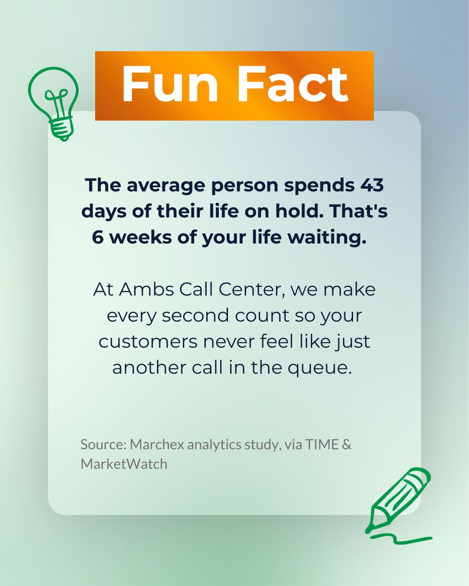 📞 The average person spends 43 days of their life on hold. That's 6 whole weeks… waiting. 😅
We make sure your customers never feel that way. 💪
#ambscallcenter #customerservicetips #answeringservice #businesstips