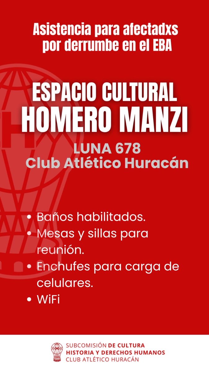 romidlf's tweet photo. #Huracan puso a disposición de los vecinos afectados por el derrumbe, el Salón Homero Manzi. 

👇🏼 ℹ️ https://t.co/eaJxdFKihK