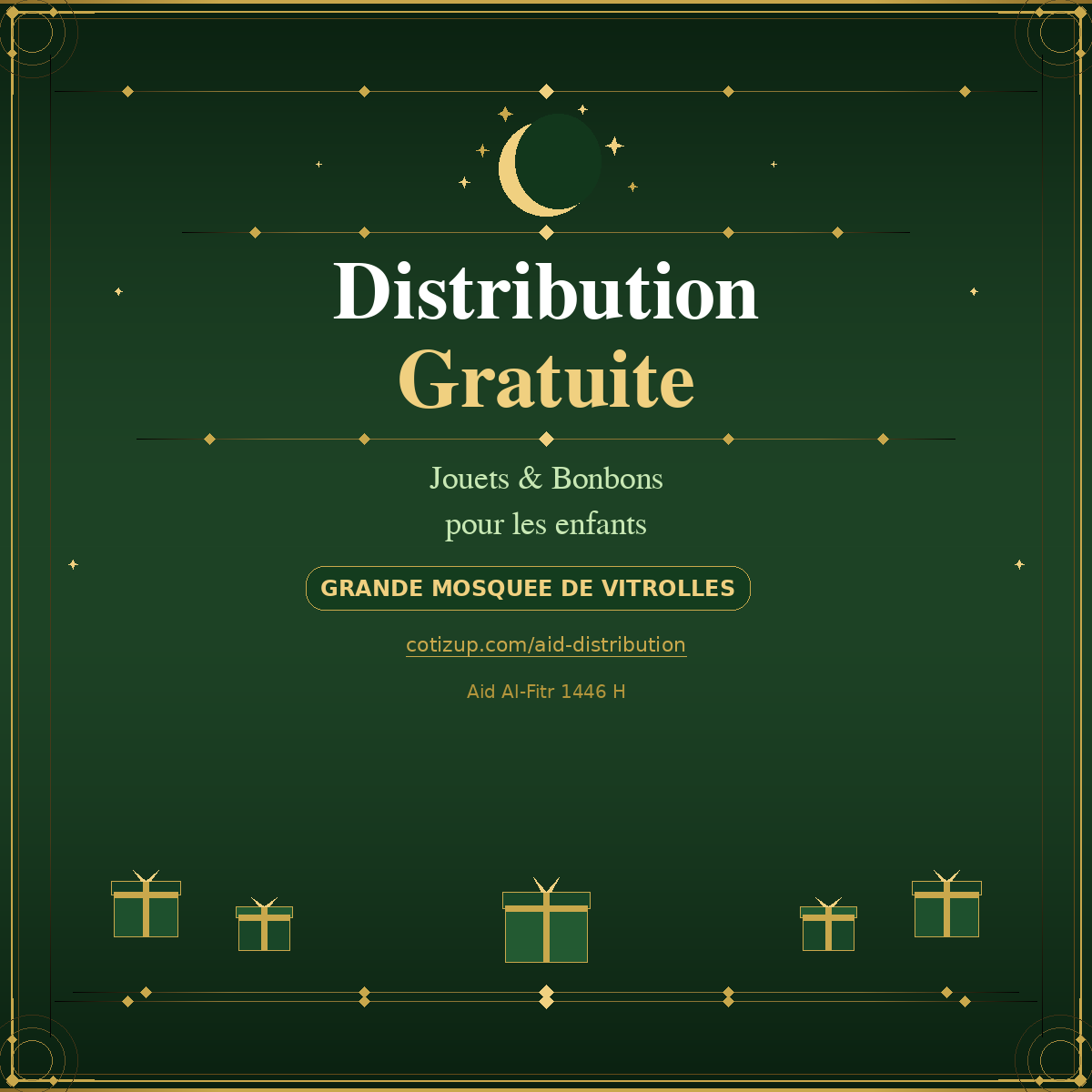 Elies13700's tweet photo. Distribution gratuite de jouets et de bonbons pour l'Aïd ! 🎁

🕌 Grande Mosquée de Vitrolles
🎯 Objectif : 1 000€
🧒 300 enfants (1-8 ans)

Toutes les preuves (tickets, distribution) seront publiées.

💚 Le moindre euro, le moindre partage compte
🔗 lien de la cagnotte en bas https://t.co/NuFw1QJSwb