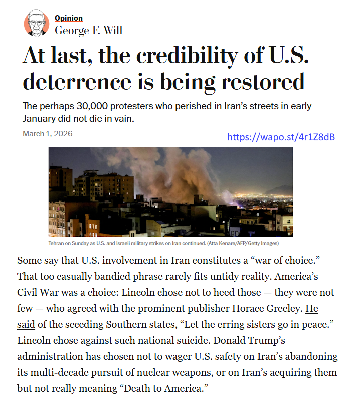 While many anti-Trump conservatives have had difficulty maintaining principles they'd defended their whole careers, I think <a href="/georgewill/">George F. Will</a> has held on to his. His WashingtonPost column on Iran reminds me why I've followed and respected him since the early 70s. (edited screencap)