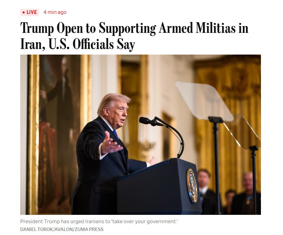 samei61143685's tweet photo. 🇺🇸❌🇮🇷 — BREAKING: President Trump is open to supporting armed groups in Iran willing to take up arms against the government, including Kurdish factions, according to WSJ.

➡️ No final decision has been made yet on weapons or intelligence support.
#IranWar #Israel #عاجل_الان https://t.co/MVbsrB2s1w