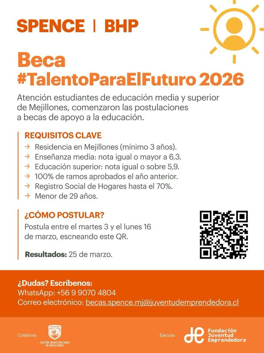 🎓🌟 Beca #TalentoParaElFuturo 2026 – SPENCE | BHP

¡Atención estudiantes de enseñanza media y educación superior de Mejillones! 📚

Ya comenzaron las postulaciones a becas de apoyo a la educación 🙌