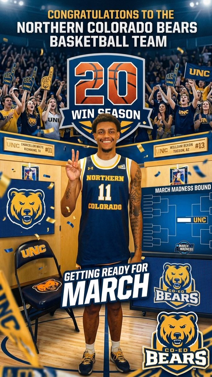 MrWhiteEDU23's tweet photo. 20 wins and counting! 🏀🐻
​Big shoutout to the Northern Colorado Bears on an incredible season. The hard work is paying off, and the energy is building as we head into March. Let’s keep that momentum rolling!
​#UNCBears #BigSkyMBB #MarchMadness #BearPride https://t.co/xFSwUeByTC