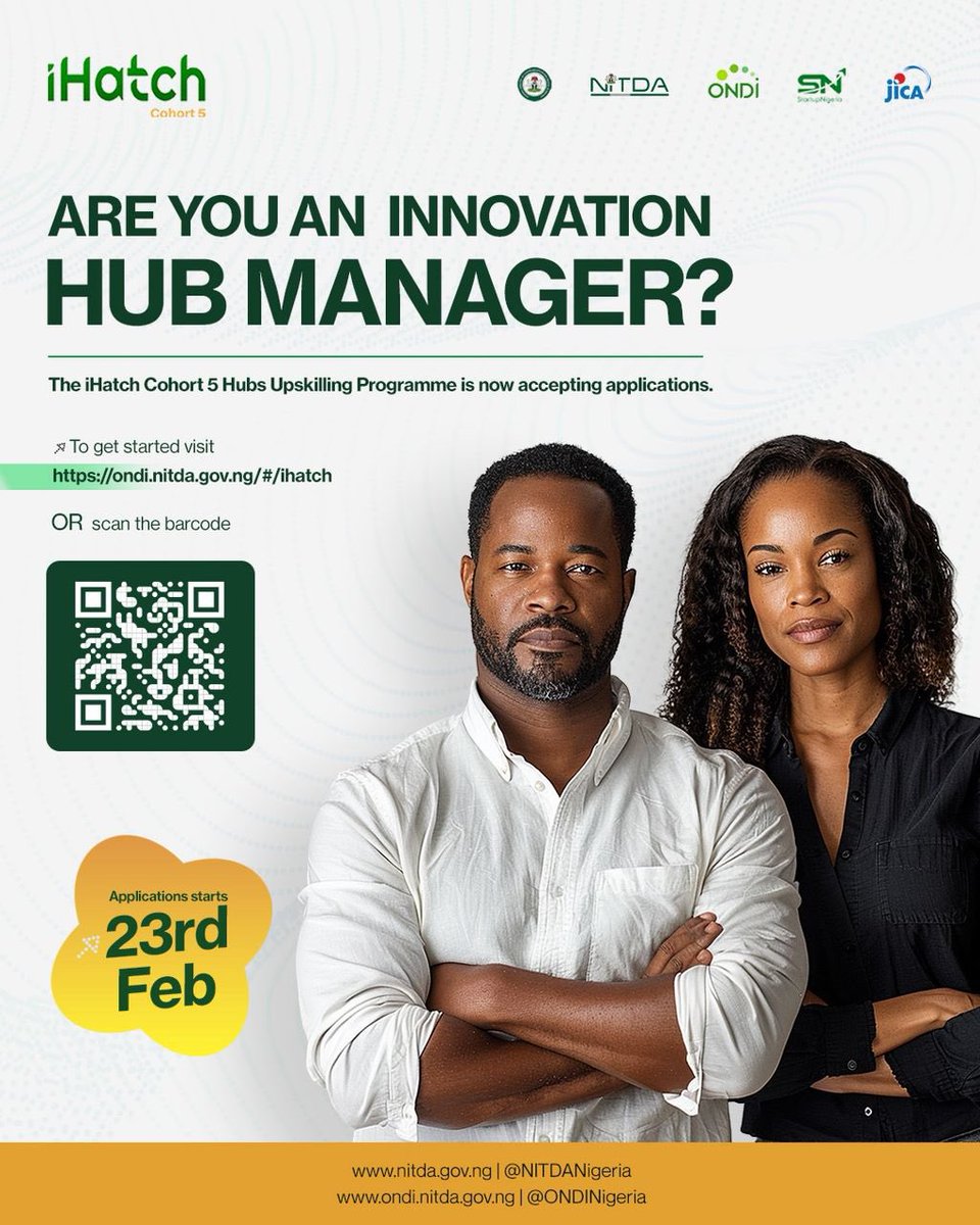 NITDANigeria's tweet photo. Are you an Innovation Hub Manager supporting early-stage founders in your state?

The iHatch Cohort 5 Hub Upskilling Programme is now open for applications.

This is your opportunity to strengthen your hub’s operational capacity, access structured training, receive ecosystem support, and deliver high-quality incubation to startups within your community.

If you manage an innovation hub, incubator, or ecosystem support organisation committed to building scalable startups, we encourage you to apply.

Apply now and position your hub for greater impact.

https://t.co/rVGxhW1dcT

Deadline: 16th March, 2026