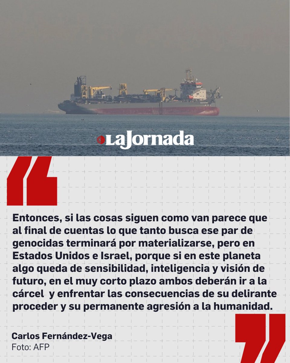 lajornadaonline's tweet photo. #MéxicoSA, columna de @cafevega

Se mueven las fichas en el tablero internacional: Irán resultó más “respondón” de lo que el par de genocidas (Trump-Netanyahu) livianamente calcularon y hasta ahora el saldo es contrario a Estados Unidos e Israel (en donde sus “representados” –los ciudadanos hartos de sus crímenes– comienzan a manifestarse en su contra); Rusia ya fijó posición y China ha hecho lo propio, ambos países en defensa de la soberanía iraní y en contra de la violación del derecho internacional; uno de los agresores, el cobarde primer ministro israelí, se escondió en un tercer país (Alemania) durante los bombardeos.

Más información en: https://t.co/fEN5NjxEE7