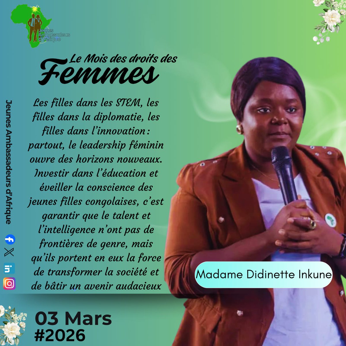 JeunesAmbassAfr's tweet photo. Dans les STEM, la diplomatie et l’innovation, les filles redessinent l’avenir et imposent avec assurance un leadership qui transforme durablement notre société. 
#LesAmbassadrices
#MoisDesDroitsDesFemmes
#LeadershipFéminin
#DroitsJusticeAction
#JAA
#IWD2026 #ONU https://t.co/METcETQ6SZ