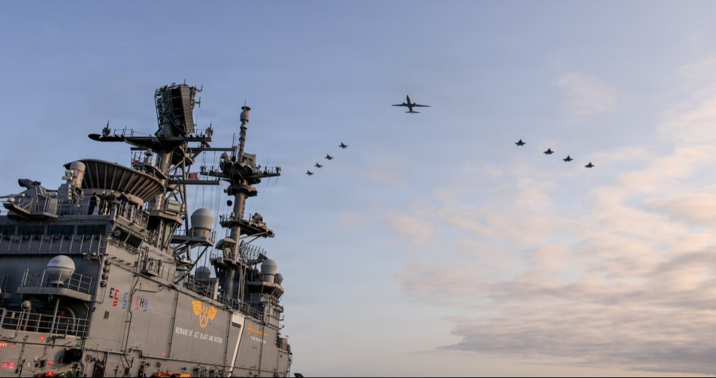 31stMeu's tweet photo. USMC 🦅 USAF ✈️ USN⚡️ 

The USS Tripoli (LHA 7) executes a joint flyover mission consisting of U.S. Marine Corps, Navy and Air Force aircraft conducted to demonstrate the interoperability among U.S. military services in a deployed environment. 

📸 Feb. 26, 2026

#USMC #USAF #USN https://t.co/Al27KsUoSH