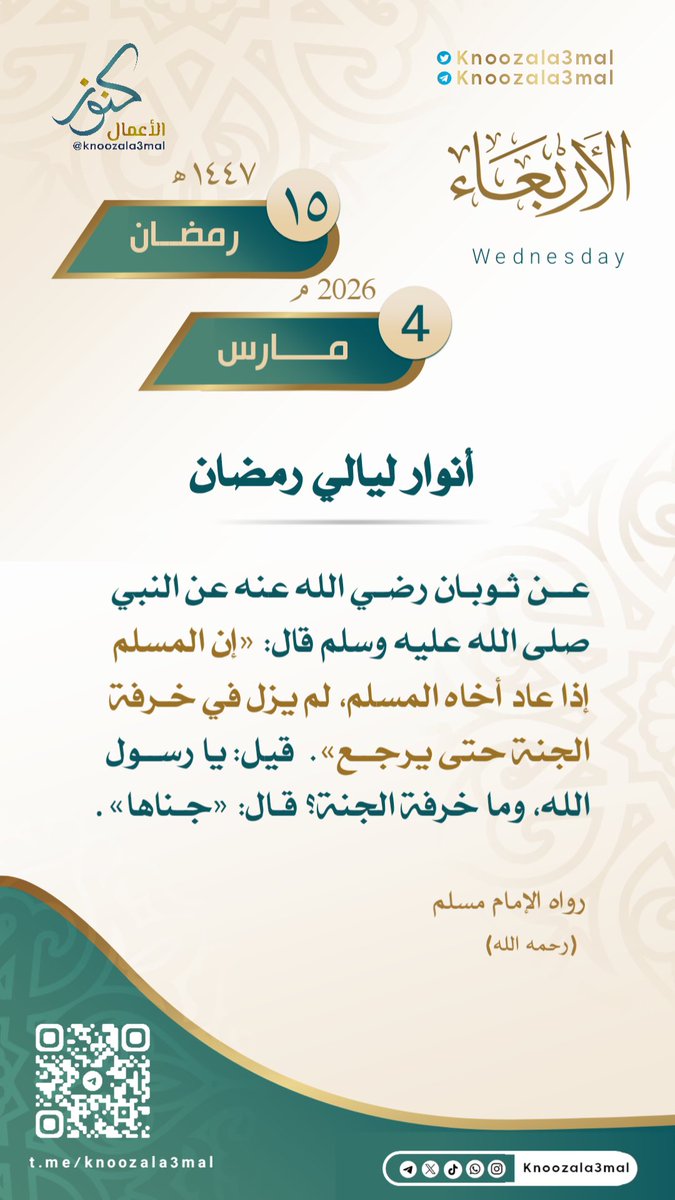 🕋أنوار ليالي رمضان 🌙
———————
عن ثوبان - رضي الله عنه 
عن النبي - صلى الله عليه وسلم قال: «إن المسلم إذا عاد أخاه المسلم، 
لم يزل في خرفة الجنة حتى يرجع» . قيل: يا رسول الله، وما خرفة الجنة؟ قال: «جناها» 

رواه الامام مسلم

رحمه الله