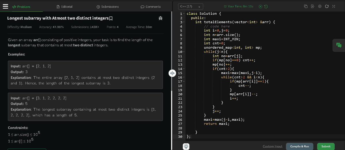 diwa810's tweet image. Day 15 #geekstreak60
Solved: Longest Subarray with At Most 2 Distinct Integers
Sliding window + hashmap
Expand while valid
Shrink when distinct &amp;gt; 2
O(n) time
Window control is key.
#DSA #SlidingWindow #Coding #ProblemSolving #npci   @NPCI_NPCI  @geeksforgeeks #GeeksforGeeks