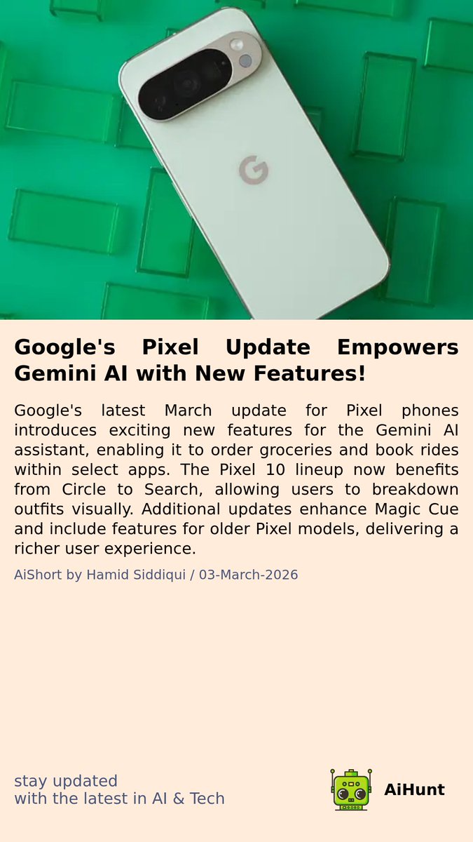 aihuntapp's tweet photo. 🚨 Something BIG is coming for Pixel users! 🤖✨ New features for Gemini AI are set to elevate your smartphone experience. Can you guess what’s in store? Stay tuned for the full scoop! 📱 #PixelUpdate #TechNews #GeminiAI https://t.co/bMc9YbDc4h