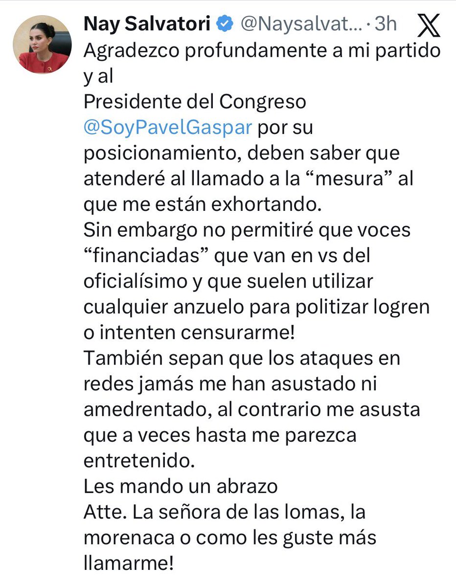 La diputada Nay Salvatori dejó claro que no se inmuta ante la polémica. En un mensaje publicado en su cuenta de X, respondió a la recomendación del presidente del Congreso, Pável Gaspar, tras el video en el que se burlaba del accidente de los graduados de la #IBERO.