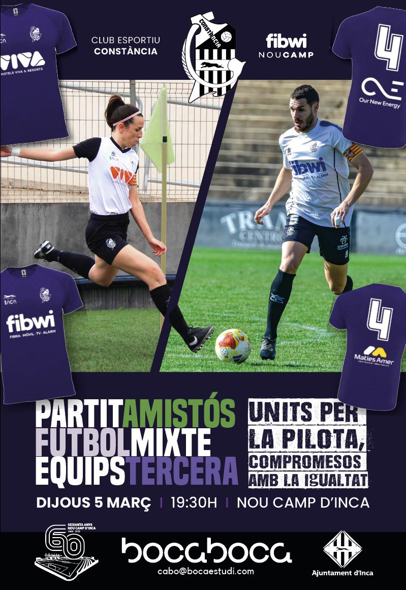💜⚽️ Units per la pilota, compromesos amb la igualtat.

👉🏼 Aquest dijous, 5 de març, no et perdis el partit amistós mixte amb els nostres equips de Tercera masculina i femenina.

⏰ 19.30

🏟️ FIBWI Estadi Nou Camp d’Inca