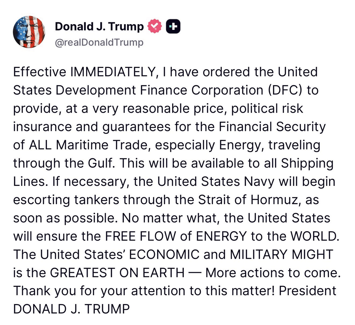 ardizor's tweet photo. 🚨 BREAKING

🇺🇸 TRUMP JUST POSTED THIS

"U.S NAVY WILL BEGUN ESCORTING TANKERS TROUGH THE STRAIT OF HORMUZ "

GIGA BULLISH FOR MARKETS 👀 https://t.co/Bb31f67tEm