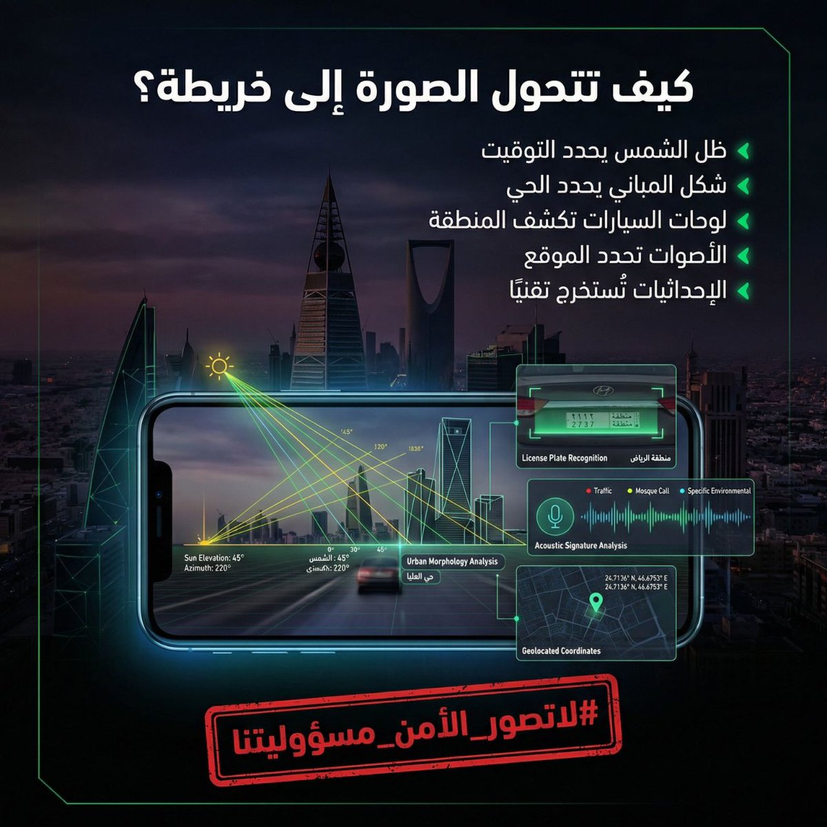 كيف تتحول الصورة أو مقطع الفيديو إلى خريطة تخدم العدو؟
.
- ظل الشمس يحدد التوقيت.
- شكل المباني يحدد الحي.
- لوحة السيارات تكشف المنطقة.
- الأصوات تحدد الموقع.
- إحديثات الموقع تستخرج تقنيا.
.
#لاتصور_الامن_مسؤوليتنا