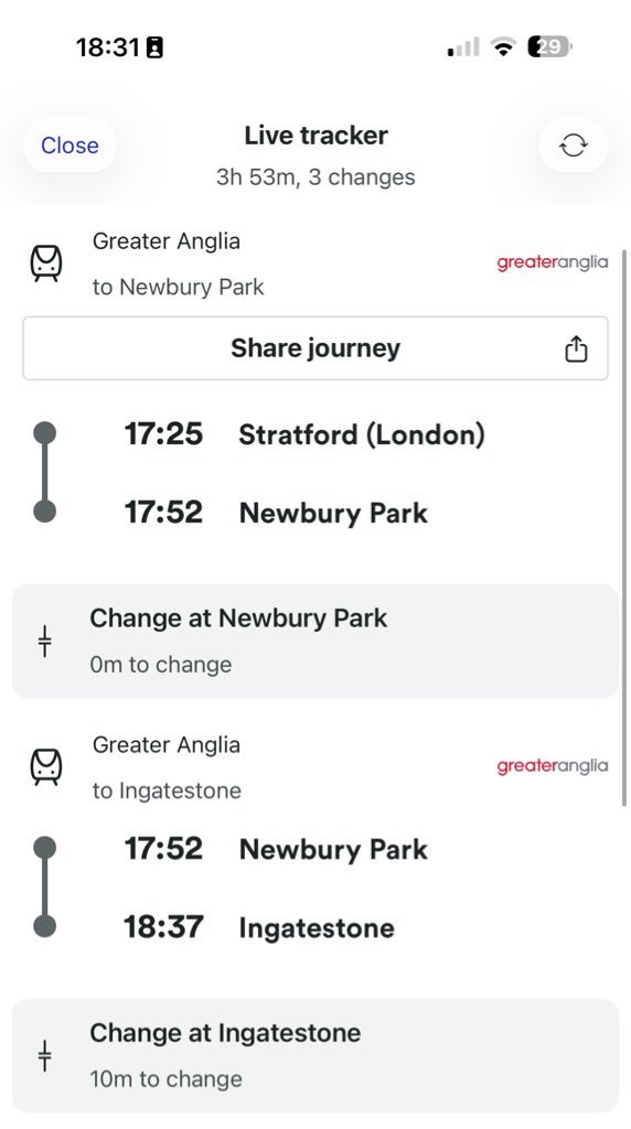 Staceyoxoxox's tweet photo. @greateranglia I’ve booked to return from Stratford to Norwich on Sunday 8th, I understand there is a replacement bus at Newbury Park to take us to Ingatestone but I’m concerned about the “0m to change” what does this mean? https://t.co/B8TbFwyYO1
