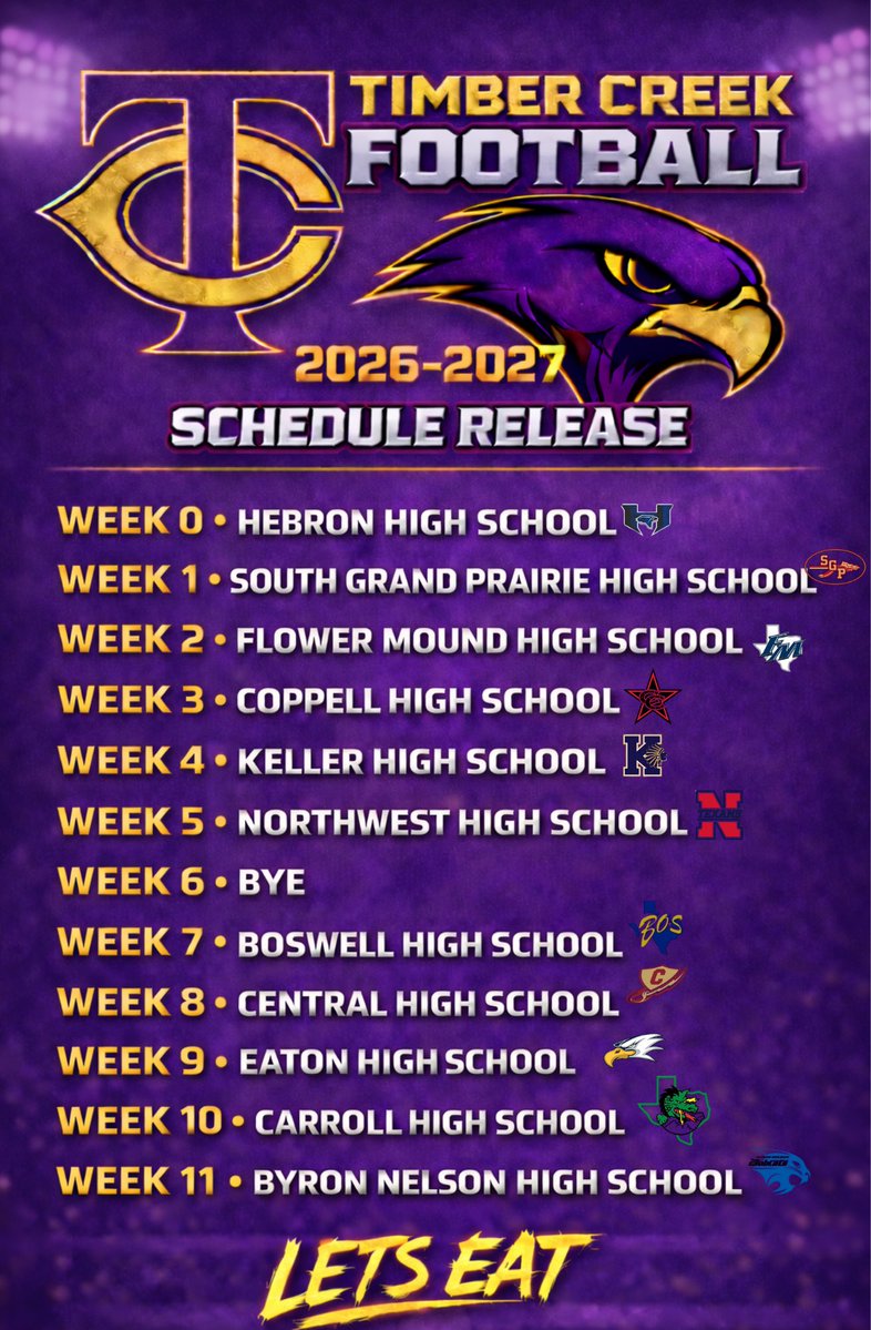 TCHSFootball's tweet image. The 2026–2027 Timber Creek Falcons varsity football schedule has been released, featuring confirmed opponents in District 4-6A alongside key non-district games.
#TCOD 
@coachkaehn