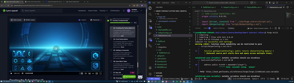 Jonathan_W3b's tweet photo. Day 21 of my Smart Contract Security Researcher journey 🔐

Missed two days, but consistency > perfection.
Today: created an interaction script to programmatically create a VRF subscription with Chainlink.
Broadcast ➡️ createSubscription() ➡️ return subId ➡️ update config.
#Web3 https://t.co/LvvqK43Su8