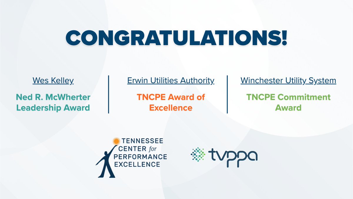 Two #TVPPA member systems and one system CEO were recently recognized by the Tennessee Center for Performance Excellence! 🏆 Congratulations to the exceptional award recipients. Learn more about these honors ➡ tvppa.com/news/three-tvp…
