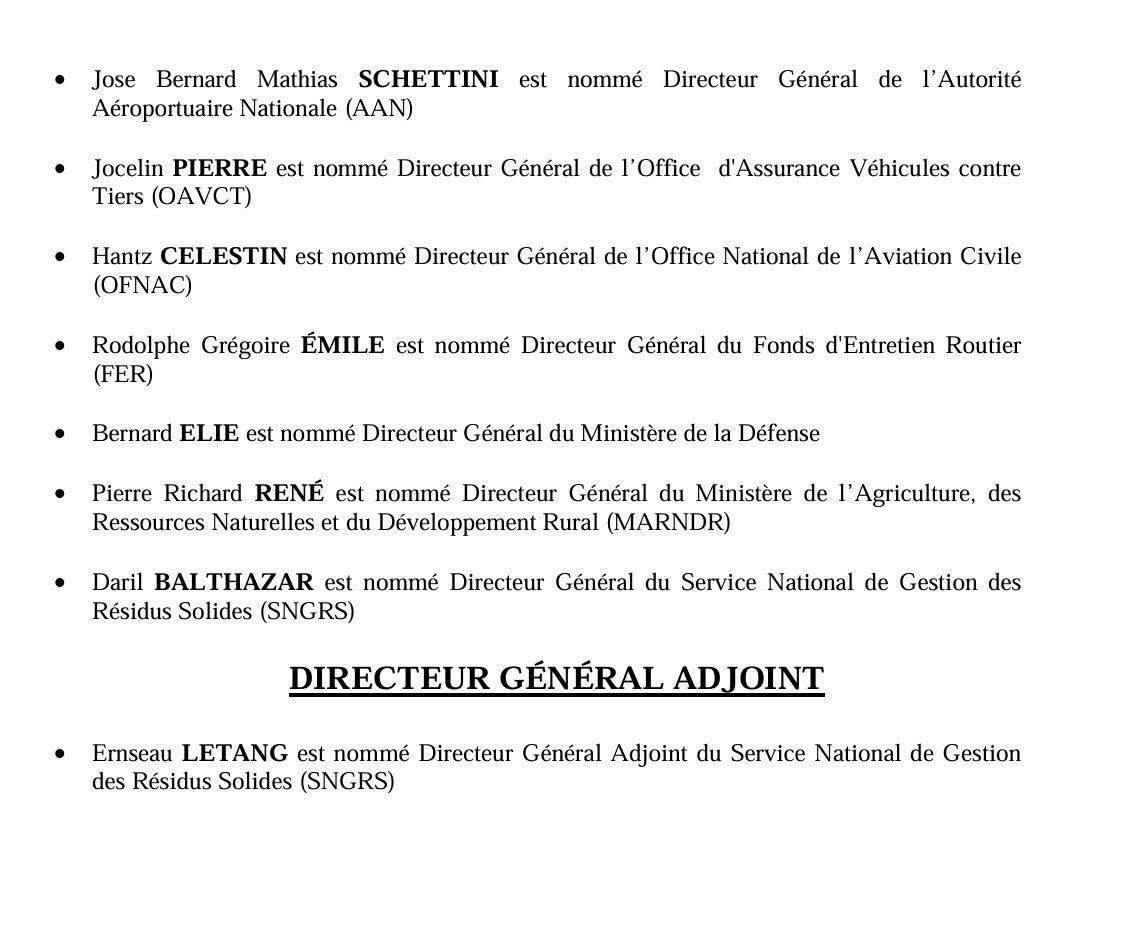 josephlunieOFF's tweet photo. La liste des nouveaux Directeurs Généraux nommés après le Conseil des ministres tenu le lundi 2 mars à la Primature. @josephlunieOFF https://t.co/VUxM5Av0aL