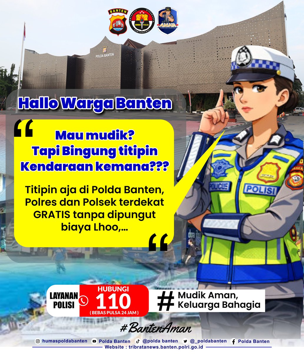 Polda Banten memberikan layanan penitipan kendaraan GRATIS bagi masyarakat yang akan melaksanakan mudik Lebaran 2026. Warga Banten dapat menitipkan kendaraan di Polda Banten, Polres maupun Polsek terdekat tanpa dipungut biaya.