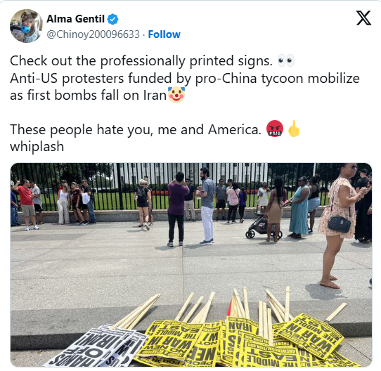 RYboating's tweet photo. Guess Who's Promoting the Protests Against Iran Airstrikes?

It's Chy-na, apparently- among others!  😉

Don't forget many Chinese nationalists crossed our borders under the Biden admin. 
What were they sent here to do? 🤔

Plus we have lots of Chinese spies who were already here. 

China depended  a lot on Iranian oil. 
The CCP is not happy with the US and Israel right now.😉 

From the article:

Chinese state-run media outlets immediately began promoting anti-war protests in the United States just after the Trump administration and Israel carried out airstrikes on Iran.

The protests were organized by several prominent far-left organizations like ANSWER Coalition, People’s Forum, Code Pink, and Party for Socialism and Liberation (PSL). These entities are tied to millionaire Neville Roy Singham, a wealthy Marxist businessman tied to the Chinese Communist Party (CCP).

Chinese state media outlets such as Xinhua News Agency, China Daily, China Global Television Network (CGTN), the Global Times, the People’s Daily, and China[dot]org — all directly run by the CCP — quickly promoted the far-left protests organized by these Singham-linked groups, as the Chinese government denounced the actions taken by President Donald Trump against China’s now-besieged ally in the Middle East.

Articles by multiple Chinese state-run outlets over the past few days touted the anti-war protests, approvingly quoted a People’s Forum leader at length, and shared protest photos and videos featuring anti-war signage produced by ANSWER and PSL. The protests were also touted by Singham network-linked outlets such as the People’s Dispatch and BreakThrough News.

The Chinese Embassy in the U.S. did not immediately respond to a request for comment. The People’s Forum, ANSWER, Code Pink, and PSL did not immediately respond to requests for comment.

Xinhua News Agency reported that “Hundreds of New Yorkers rallied in Times Square and then marched along streets in New York City in protest of U.S.-Israel coordinated airstrikes against Iran on Saturday.”

Several Chinese outlets quoted People’s Forum education director Layan Fuleihan, who said, “We cannot forget that it is the United States that has over 5,000 nuclear warheads ready to be launched.”

China is one of the Iranian regime’s most important economic partners. Over 80 percent of the oil Iran has shipped has gone to China, making up about 13 percent of the CCP’s sea-based imports, Reuters reported. The two nations also have a strong military partnership. The Chinese government called for an immediate cease-fire after the airstrikes.

Link to article in comments
