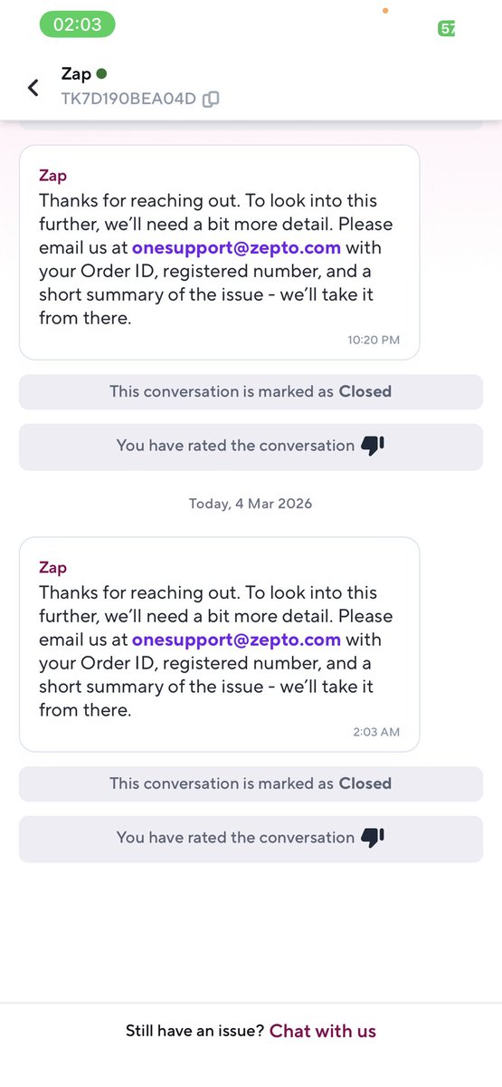 sbhirang's tweet photo. @ZeptoNow @zeptocares @ZeptoNow @zeptocares this is the worst support among all delivery apps https://t.co/jXGvRnzmGw