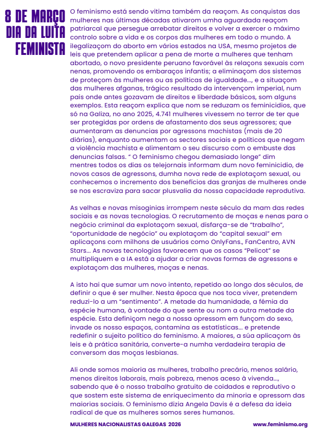 CONTRA A NOVA MISOGINIA
CONTRA A REAÇOM MACHISTA
ÚNE-TE À RESISTÊNCIA FEMINISTA!
#8M 2026