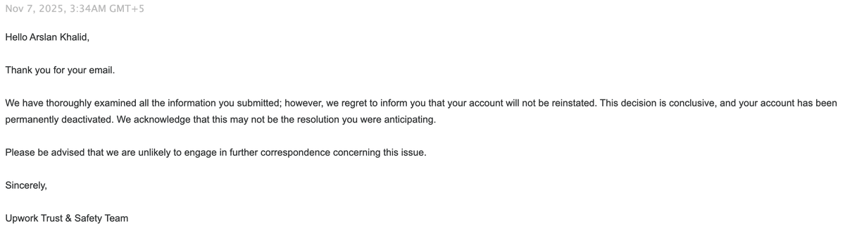 arslan_iosdev's tweet photo. @Upwork I have reached out a few months ago, and attached is the response. Can you still help me to work on Upwork? https://t.co/hqUwXw1Aa0