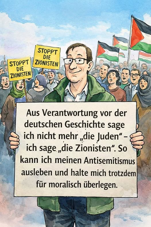 Früher war der Hass roh.
Heute ist er rhetorisch geschniegelt.
Früher schrie man „die Juden“.
Heute sagt man „die Zionisten“
und fühlt sich dabei historisch sensibilisiert.
Man beginnt mit einem Disclaimer:
„Ich habe ja nichts gegen Juden.“
Das ist der Persilschein.
Danach darf
