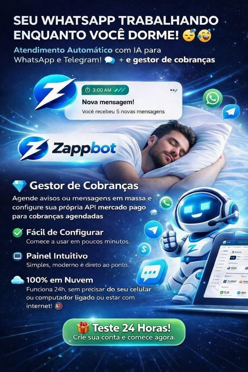 🤖✨ *ATENDIMENTO AUTOMÁTICO COM IA* ✨🤖  
zappbot.shop/?ref=MTL418
📲 *Para WhatsApp e Telegram + Gestor de Cobranças*  

Automatize o atendimento dos seus clientes no *privado* 

🎁 *LOGIN GRATUITO DISPONÍVEL!*  
🚀 Crie sua conta e comece agora mesmo.zap 7791740061