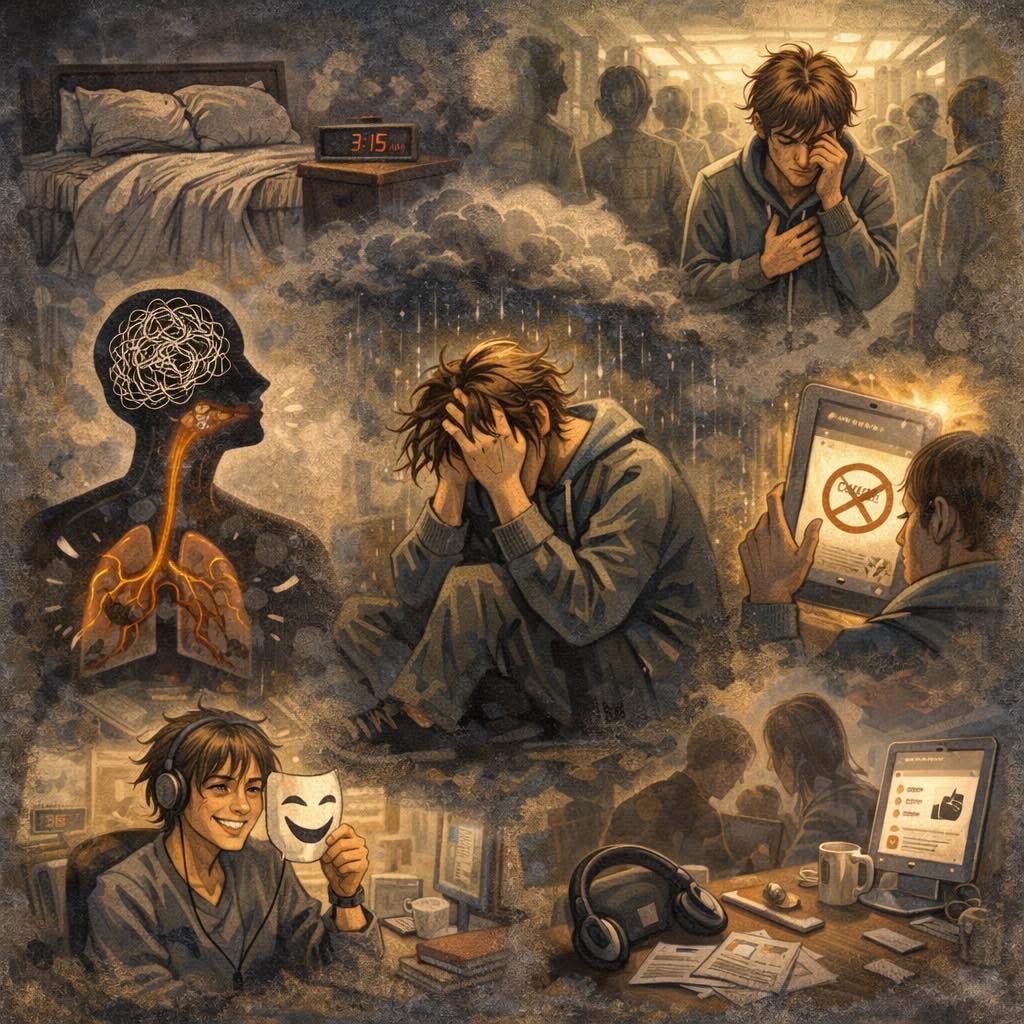 Te voy a explicar cómo es vivir con ansiedad.

No es solo estar “nervioso”.
No es exagerar.
No es querer llamar la atención.

La ansiedad es despertarte cansado, aunque hayas dormido.
Es abrir los ojos y que tu mente ya esté corriendo una maratón de pensamientos que no pediste.