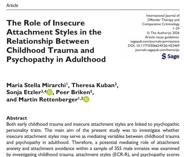 MarRettenberger's tweet photo. 🤓🧐🥳 We have just published a new paper about "The Role of Insecure Attachment Styles in the Relationship Between Childhood Trauma and Psychopathy in Adulthood"

Open access to the paper here👉https://t.co/9jG2wMtgji https://t.co/ijyqQSQL4X