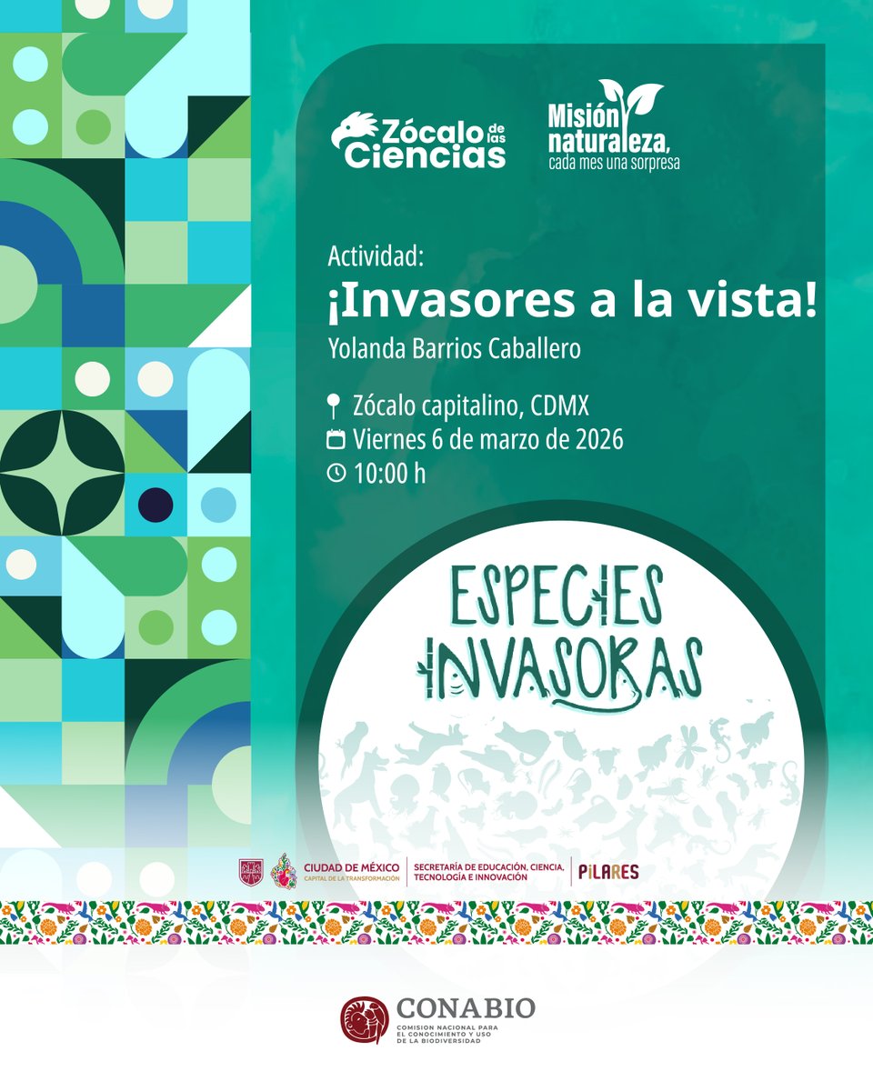 CONABIO's tweet photo. ¿Sabías que no todos los animales y plantas que ves a tu alrededor pertenecen a nuestro ecosistema? 🕵️♂️🌿 ¡Exploremos más sobre estas especies!
La #CONABIO te espera en el taller “Invasores a la vista”
Aprende con la experta Yolanda Barrios a detectar a estas especies y descubre cómo proteger el tesoro natural de México. ¡Trae a tu familia y amigos y conviértanse en guardianes de la biodiversidad!
📍 Zócalo Capitalino, CDMX 📅 Viernes 6 de marzo | 10:00 h 🎟️ Evento gratuito
#CONABIO #BiodiversidadMexicana #EspeciesInvasoras #ZocaloDeLasCiencias